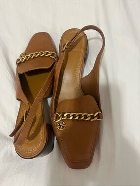 Tory Burch Tan Leather Slingback Mules with Gold Chain